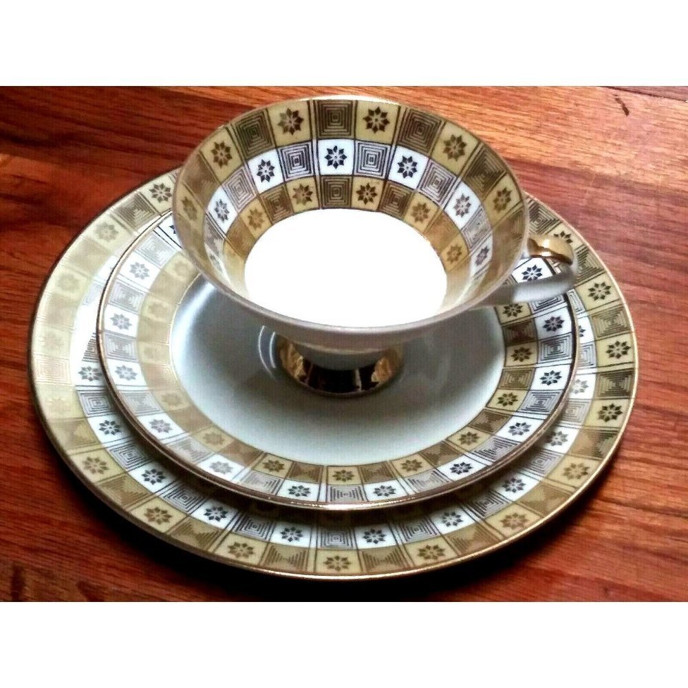 Vintage Mitterteich Bavaria set Cup Saucer Cookie plate Gold Deco breakfast set
